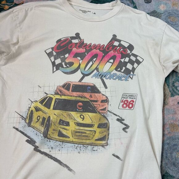 Abercrombie & Fitch Graphic Tee Shirt White Racing Car Nascar Racing Columbus L - Picture 12 of 14